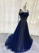 Dark Blue Tulle Sequin Long Prom Dress, Blue Tulle Formal Dress